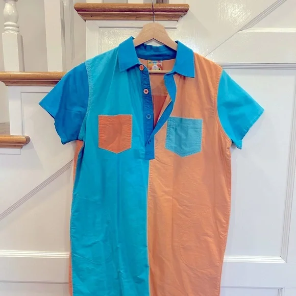 Women’s Mokuyobi Color Block Dress Short Sleeve Blue/orange With Pockets Size L - Picture 1 of 5